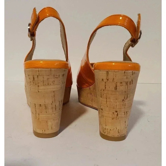 VAN ELI GARDY ORANGE PATENT LEATHER SLINGBACK SANDALS WEDGE HEELS SZ 6 NEW - Picture 6 of 7